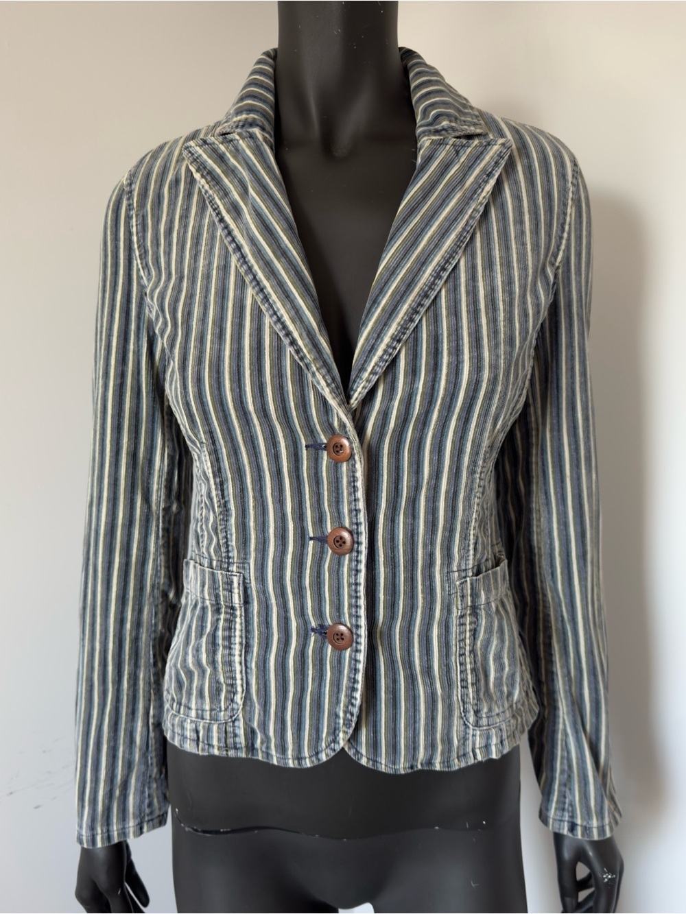 390. Guess Corduroy VTG Blue Green White Striped Blazer Jacket